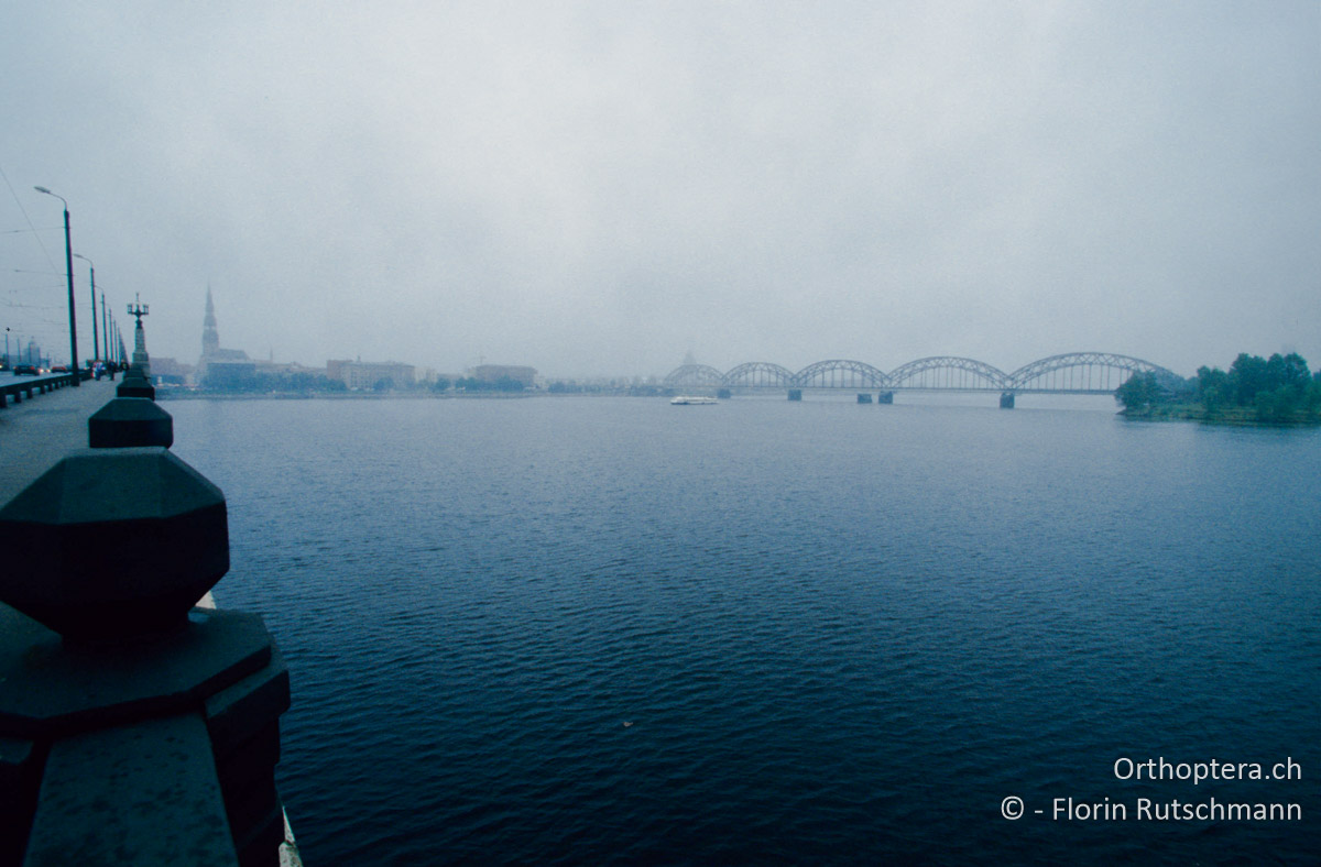 19.08.2004 Blick von der Brücke über den Fluss Düna (lettisch: Daugava) auf die Altstadt von Riga. Lettland