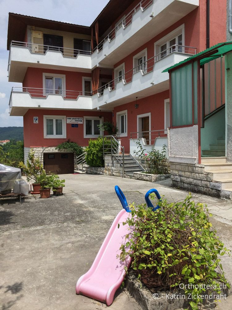 Grrrr, die rosarote Mini-Rutschbahn auf dem Vorplatz vom Apartmani Laura! man darf sie aber ja nicht verschieben, um besser rein fahren zu können! - HR, Istrien, Pazin, 25.06.2016